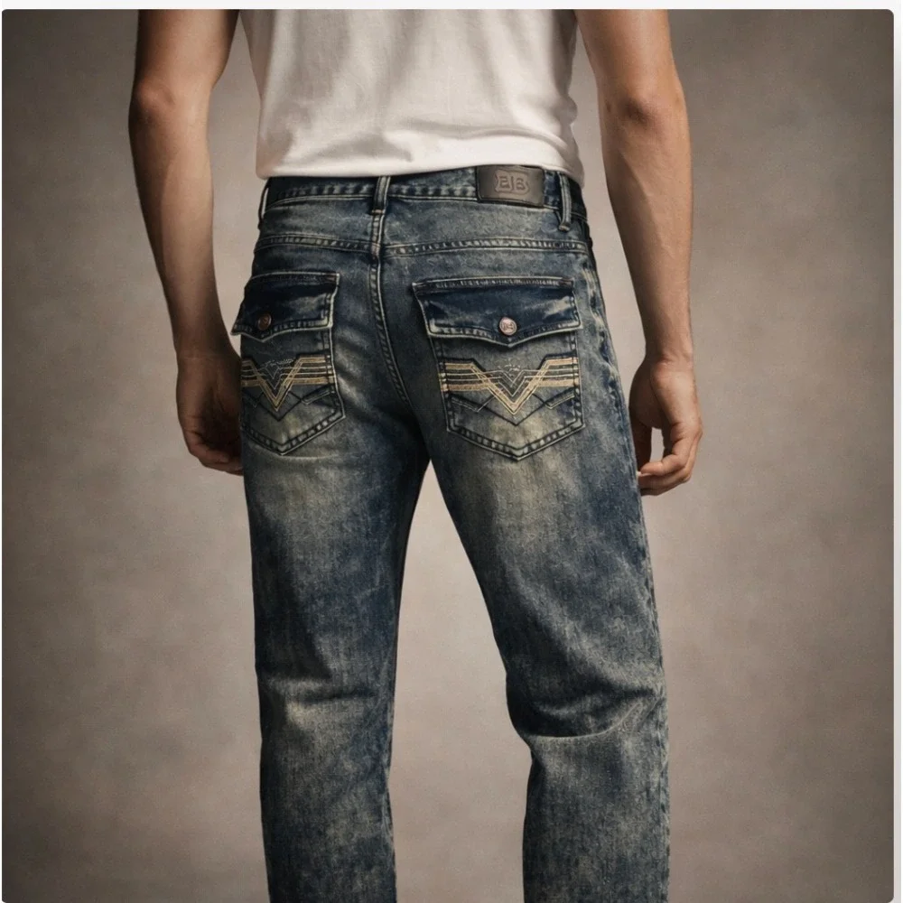 Benjamin Black Mens Jeans 38x32 Acid Wash Distressed‎ Moto Denim Flap Pocket